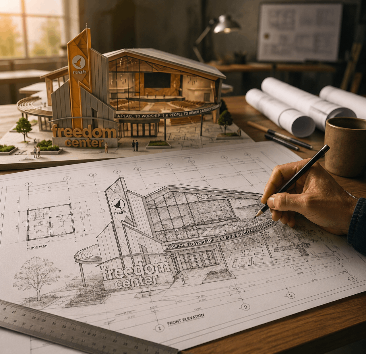 Ruah Freedom Center — building project blueprint and model